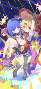 2girls :d absurdres ahoge arm_up black_boots black_gloves black_shoes blonde_hair blush boots bow bowtie carrying closed_mouth commentary coria full_body genshin_impact gloves hair_between_eyes hair_ribbon hat highres klee_(blossoming_starlight)_(genshin_impact) klee_(genshin_impact) kneehighs looking_at_another mary_janes multiple_girls official_alternate_costume open_mouth princess_carry prune_(genshin_impact) purple_eyes purple_hair red_bow red_bowtie red_eyes red_hat red_ribbon red_skirt ribbon shirt shirt_tucked_in shoes skirt smile socks standing teeth untranslatable_commentary upper_teeth_only white_shirt white_socks