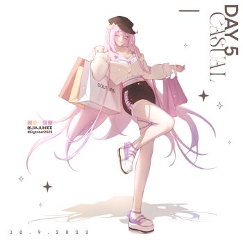 1girl 2023 alternate_costume bag bare_shoulders black_hat black_shorts breasts cleavage commentary elysia_(herrscher_of_human:_ego)_(honkai_impact) elysia_(honkai_impact) english_commentary english_text grey_sweater hat highres holding holding_bag honkai_(series) honkai_impact_3rd jiajuniee large_breasts long_hair pink_hair purple_eyes shoes shopping_bag shorts simple_background solo sweater twitter_username very_long_hair white_shoes