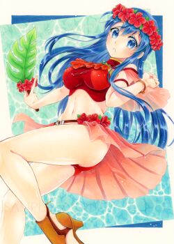 1girl alternate_costume alto2019 ass bad_id bad_pixiv_id bare_legs bikini blue_eyes blue_hair bracelet breasts brooch brown_sandals female_focus fire_emblem fire_emblem:_the_binding_blade fire_emblem_heroes flower head_wreath hibiscus high_heel_sandals high_heels jewelry leaf lilina_(fire_emblem) lilina_(summer)_(fire_emblem) long_hair looking_at_viewer marker_(medium) medium_breasts miniskirt navel neckerchief nintendo parted_lips red_bikini sample_watermark sandals skirt solo swimsuit taut_clothes thighs traditional_media water watermark