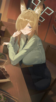 1girl animal_ear_fluff animal_ears black_pantyhose black_skirt blonde_hair blue_archive blue_eyes blue_halo blue_necktie blue_shirt blush breasts dog_ears dog_girl hair_over_one_eye halo highres kanna_(blue_archive) large_breasts long_hair looking_at_viewer necktie pantyhose parted_lips shirt sidelocks skirt solo yidh_79