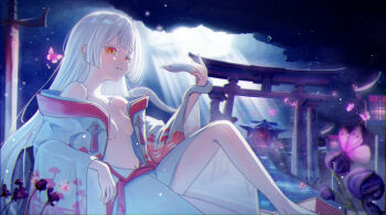 1girl absurdres aqua_(eos8012) bare_shoulders breasts bug butterfly collarbone commentary_request feet_out_of_frame floral_print highres insect korean_commentary long_hair looking_at_viewer no_bra outdoors parted_lips purple_butterfly red_eyes robe sitting small_breasts snake solo straight_hair trickcal uros_(trickcal) white_hair white_robe