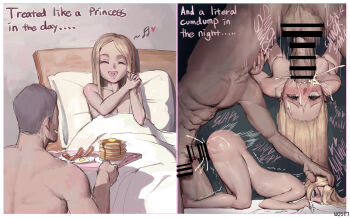 1boy 1girl 2koma :d abs all_fours artist_name bacon bad_multiple_views bar_censor bed before_and_after blonde_hair blush breakfast breasts censored closed_eyes comic commentary completely_nude cum cum_in_mouth cum_in_pussy cum_overflow doggystyle egg_(food) english_commentary english_text erection fellatio food fried_egg hand_on_another&#039;s_head heart heart_in_mouth hetero highres holding holding_tray indoors instant_loss irrumatio large_penis lying medium_breasts motion_lines multiple_views muscular muscular_male musical_note narration nude on_back open_mouth oral original own_hands_together pancake pancake_stack penis reverse_fellatio rolling_eyes rough_sex sex sex_from_behind smile sound_effects speed_lines spoken_heart spoken_musical_note straddling_fellatio top-down_bottom-up tray trembling under_covers uneven_eyes vaginal wjs07