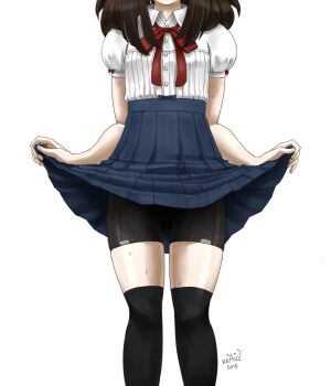 10s 1boy 2013 artist_name artist_self-insert bad_id bad_tumblr_id bike_shorts bike_shorts_under_skirt black_thighhighs brown_hair curtsey head_out_of_frame long_hair male_focus original pale_skin pleated_skirt puffy_short_sleeves puffy_sleeves reavz ribbon short_sleeves shorts shorts_under_skirt skirt skirt_hold solo sweat thighhighs trap white_background