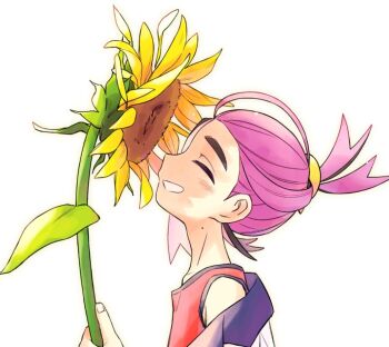 1boy black_hair blush closed_eyes commentary_request flower from_side grin holding holding_flower jacket kieran_(pokemon) male_focus mole mole_on_neck multicolored_hair nekoniko777 nintendo open_clothes open_jacket pink_hair pokemon pokemon_sv profile red_tank_top simple_background smile solo sunflower tank_top upper_body white_background white_jacket