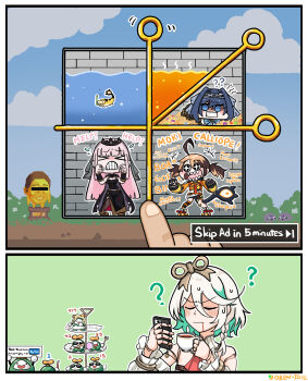 Rule 34 | > <, absurdres, ahoge, blue eyes, blue hair, blush, bound, brown hair, cecilia immergreen, cecilia immergreen (1st costume), cellphone, cup, doll joints, dress, english text, fake screenshot, fork, gag, gigi murin, gigi murin (1st costume), gloves, grem (gigi murin), hair intakes, highres, hololive, hololive english, improvised gag, joints, lava, long hair, mori calliope, mori calliope (1st costume), multicolored hair, multiple girls, orangejuicezhe, otomo (cecilia immergreen), ouro kronii, ouro kronii (1st costume), pebble (koseki bijou), phone, pink hair, short hair, single thighhigh, smartphone, tape, tape gag, teacup, thighhighs, tiara, tied up (nonsexual), twintails, two-tone hair, virtual youtuber, water, winding key, yagoo