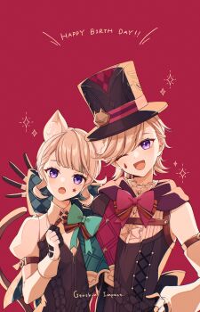 1boy 1girl :d :o absurdres animal_ear_fluff animal_ears aqua_bow black_hat blonde_hair blush bow brother_and_sister cat_ears cat_girl commentary_request copyright_name facial_mark frills genshin_impact gloves happy_birthday hat highres long_sleeves looking_at_viewer lynette_(genshin_impact) lyney_(genshin_impact) one_eye_closed open_mouth purple_eyes red_background red_bow short_hair siblings smile star_(symbol) star_facial_mark tail teardrop_facial_mark top_hat upper_body yanagida_shiina