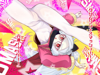 1girl :o ahoge ass bags_under_eyes black_bow black_scarf blush bodysuit bow breasts cameltoe commentary_request covered_navel glasses gradient_hair grey_hair hair_bow highres jewelry lily_(ogami_kazuki) long_hair long_sleeves looking_at_viewer multicolored_hair nail_polish ogami_kazuki open_mouth original paid_reward_available pink-framed_eyewear pink_hair pink_shrug pointy_ears ponytail puffy_long_sleeves puffy_sleeves red_eyes red_nails ring scarf shrug_(clothing) small_breasts solo star_(symbol) teardrop-framed_glasses translation_request upside-down very_long_hair white_bodysuit