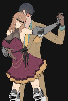 1boy 1girl android black_background black_hair blue_shirt blush breasts brown_hair cleavage dancing dress formal_clothes glasses hair_between_eyes highres holding_hands joints kitsune_udon_(qtsuneudon) lace large_breasts long_hair mechanical_arms mechanical_legs necktie orange-tinted_eyewear original pants robot_joints shirt short_hair smile sofia_(kitsuneudon) striped_suit suit tinted_eyewear yellow_necktie yellow_suit