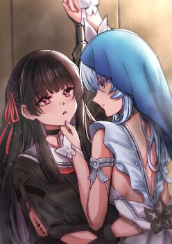 2girls absurdres arm_cutout armlet black_choker black_flower black_hair black_jacket black_shirt blake_bloom_(wuthering_waves) blue_hair blue_veil blush chisa_(wuthering_waves) choker closed_mouth clothing_cutout commentary dress eye_contact fingernails flareza flower hair_ribbon hand_on_another&#039;s_chin highres hug jacket jewelry long_hair long_sleeves looking_at_another mole mole_under_eye multiple_girls nail_polish parted_lips purple_eyes purple_nails red_eyes red_ribbon ribbon sailor_collar shirt shorekeeper_(wuthering_waves) sleeveless sleeveless_dress tacet_mark_(wuthering_waves) veil white_dress white_sailor_collar wuthering_waves yuri