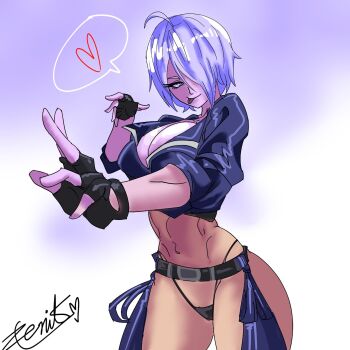 1girl angel_(kof) artist_name black_g-string black_gloves black_jacket blue_eyes breasts chaps cleavage female_focus fingerless_gloves g-string gloves hair_over_one_eye heart highres jacket large_breasts leather leather_jacket looking_at_viewer midriff navel panties short_hair snk solo spoken_heart the_king_of_fighters the_king_of_fighters_xv thick_thighs thighs thong tongue tongue_out underwear white_hair wide_hips