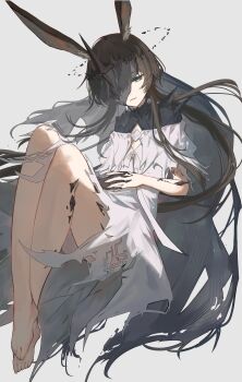 1girl absurdres amiya_(arknights) amiya_(demon_king)_(arknights) animal_ear_fluff animal_ears arknights barefoot black_veil blue_eyes brown_hair civilight_eterna commentary_request crown dress feet floating_crown full_body hair_over_one_eye highres hrk_(dxez4457) interlocked_fingers long_hair material_growth official_alternate_costume one_eye_covered oripathy_lesion_(arknights) own_hands_together parted_lips ponytail rabbit_ears rabbit_girl sidelocks simple_background solo toes veil veil_over_one_eye white_dress
