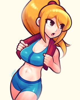 Rule 34 | 1girl, artist name, blonde hair, blue shorts, commentary, crop top, highres, long hair, metroid, midriff, mole, mole under mouth, nintendo, open mouth, ponytail, samus aran, shorts, signature, simple background, towel, towel around neck, tsuvida, twitter username
