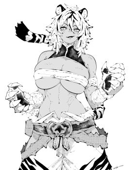 1girl abs animal_ears animal_hands belt breasts budget_sarashi chest_sarashi commentary cowboy_shot deep_skin double-parted_bangs english_commentary greyscale hair_between_eyes hands_up highres huge_breasts looking_at_viewer medium_hair miregeist monochrome multicolored_hair muscular muscular_arms muscular_female navel open_mouth original pants sarashi shrug_(clothing) simple_background skindentation sleeveless_shrug smile solo stomach streaked_hair tail tiger_ears tiger_girl tiger_paws tiger_tail white_background