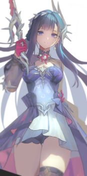 1girl aengdohwa black_hair black_thighhighs breasts closed_mouth dress floating_hair gloves hand_up holding holding_sword holding_weapon honkai:_star_rail honkai_(series) hysilens_(honkai:_star_rail) long_hair looking_at_viewer purple_eyes red_gloves see-through_body simple_background solo sword thighhighs very_long_hair weapon white_background