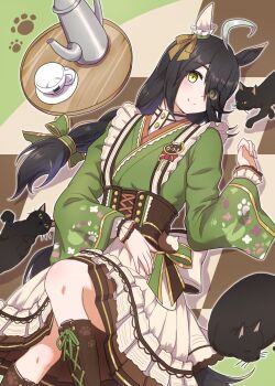 1girl absurdres ahoge animal_ears black_cat black_hair blush boots bow brown_boots brown_corset cat closed_mouth corset cup ear_covers floor frilled_kimono frills green_bow green_kimono hair_between_eyes hair_bow highres horse_ears horse_girl horse_tail japanese_clothes kimono long_bangs long_hair long_hair_between_eyes long_sleeves looking_at_viewer lying maid manhattan_cafe_(umamusume) manhattan_cafe_(verdant_night)_(umamusume) multicolored_hair official_alternate_costume official_alternate_hairstyle on_back on_floor ribehachi saucer shirt single_ear_cover skirt smile tail teacup teapot tray umamusume white_hair white_skirt yellow_eyes