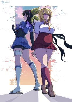 2girls adapted_costume ahoge akamatsu_kaede arms_behind_back bandaged_leg bandages black_hair blonde_hair blush breasts chabashira_tenko clenched_hand collared_shirt commentary cropped_shirt danganronpa_(series) danganronpa_v3:_killing_harmony digital_dissolve english_commentary eyelashes fortissimo green_eyes hair_ornament hair_ribbon hairband high-waist_skirt highres kneehighs large_breasts long_hair looking_at_viewer looking_back low_twintails multiple_girls musical_note musical_note_hair_ornament necktie orange_necktie pink_eyes pink_hairband pleated_skirt plump ribbon sailor_collar sandals school_uniform shadow shirt skirt smile socks soshu_(soshuscribbles) standing stomach thick_thighs thighs twintails very_long_hair white_shirt white_socks
