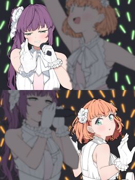2girls arm_up blurry blush commentary_request concert crowd depth_of_field dress fascinator frilled_gloves frills gloves glowstick green_eyes hair_ornament half-closed_eyes hands_up highres hinoshita_kaho holding holding_microphone link!_like!_love_live! link_to_the_future_(love_live!) liz_(piyoko_piyop) looking_at_another looking_back love_live! microphone multiple_girls music neck_ribbon open_mouth orange_hair otomune_kozue penlight_(glowstick) purple_hair ribbon short_hair side_ponytail sidelocks singing sleeveless sleeveless_dress smile upper_body virtual_youtuber white_dress white_gloves white_mouth white_ribbon