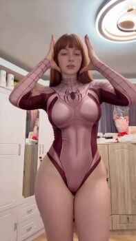 1girl adapted_costume animated ass ass_shake bare_legs bouncing_breasts breasts brown_hair curvy dancing female_focus highleg highleg_leotard huge_ass indoors leotard marvel nicoliviktoria parted_lips photo_(medium) pink_leotard real_life smile smug spider-man spider-man_(cosplay) spider-man_(series) tagme thong_leotard video wide_hips