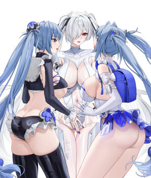 3girls absurdres armor ass bare_shoulders blue_eyes blue_hair blush bodysuit breasts butt_crack cinderella_(nikke) detached_sleeves dou elbow_gloves from_behind gloves goddess_of_victory:_nikke gretel_(nikke) hair_ornament hair_over_one_eye hansel_(nikke) highres japanese_armor large_breasts leotard long_hair miniskirt multiple_girls no_panties open_mouth red_eyes siblings sideboob sisters skirt smile thighhighs twins twintails very_long_hair white_hair