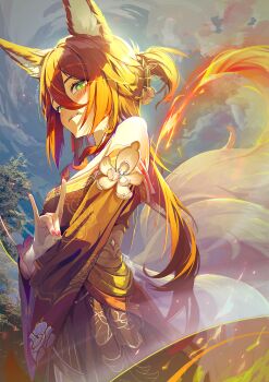 1girl absurdres animal_ear_fluff animal_ears bare_shoulders breasts brown_hair brown_hanfu commentary cowboy_shot fingernails fire fox_ears fox_girl fox_shadow_puppet fox_tail from_side fugue_(honkai:_star_rail) green_eyes hair_between_eyes highres honkai:_star_rail honkai_(series) jelmul licking_lips long_fingernails looking_at_viewer medium_breasts multiple_tails nail_polish outdoors pyrokinesis red_nails solo tail tingyun_(honkai:_star_rail) tongue tongue_out tree twitter_username