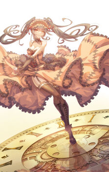 1girl absurdres black_hair boots breasts cleavage clock date_a_live dress heterochromia highres innoarukugyou lace-up_boots long_hair smile solo thighs tokisaki_kurumi