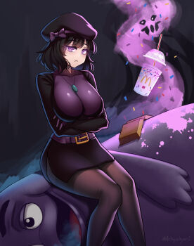 1girl absurdres belt beret black_dress black_hair breasts crossed_arms cup destinyplayer1 disposable_cup dress drinking_straw enderman fantasy grimace_(mcdonald's) grimace_shake_(meme) hat highres looking_at_viewer mcdonald's meme milkshake minecraft open_mouth personification purple_liquid short_hair smile