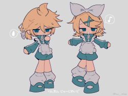 Rule 34 | apron, blonde hair, blue eyes, blush, bow, deformed, grey background, hair bow, kagamine len, kagamine rin, looking at viewer, loose socks, maid apron, musical note, shiba inu (j1piwzrj8xdzywk), shoes, simple background, socks, spoken musical note, spoken sweatdrop, standing, sweatdrop, translation request, vocaloid, white bow, zipper pull tab