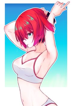1girl adjusting_hair amate_yuzuriha armpits bare_shoulders bikini breasts green_eyes gundam gundam_gquuuuuux hairdressing large_breasts navel red_hair short_hair swimsuit white_bikini