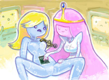 2girls 2others adventure_time blonde_hair blue_skin bodysuit breasts cartoon_network circuit_board closed_eyes colored_skin computer female_robot_(adventure_time) gloves lying medium_breasts multiple_girls multiple_others open_mouth pink_hair pink_skin princess princess_bonnibel_bubblegum repairing robot science_guys_(adventure_time) shoulder_pads smile spread_legs standing sukaponta tiara white_bodysuit white_eyes white_gloves