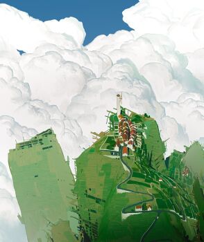 above_clouds alariko building cloud cumulonimbus_cloud day from_above highres house mountain original road scenery tower town