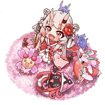 1girl absurdres blush cherrim cherry_blossoms chibi commentary_request crossover dango familiar fang flower food from_above full_body gen_4_pokemon gen_7_pokemon gradient_hair grey_hair hair_between_horns hair_flower hair_ornament highres holding holding_food hololive horns jadea5124 japanese_clothes karma_(nakiri_ayame) kimono legendary_pokemon long_hair looking_up lurantis multicolored_hair nakiri_ayame nakiri_ayame_(shrine_maiden) nintendo nontraditional_miko official_alternate_costume oni open_mouth outdoors pink_theme pokemon pokemon_(creature) red_eyes red_hair red_streaks seiza sitting skin-covered_horns smile streaked_hair tapu_lele thighhighs virtual_youtuber wagashi white_kimono white_thighhighs wide_sleeves yagasuri