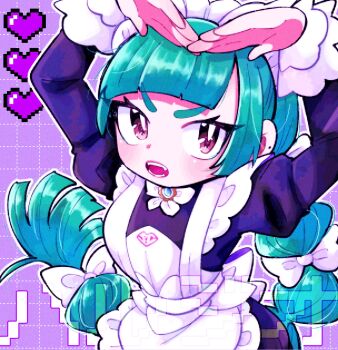 1girl apron blunt_bangs bow bowtie braid braided_ponytail commentary_request green_hair heart_arms highres issho_ni_oyasumi juliet_sleeves lebanne_(pokemon) long_hair long_sleeves maid maid_apron maid_headdress nintendo open_mouth pokemon pokemon_legends:_z-a puffy_sleeves solo tsurime v-shaped_eyebrows white_bow white_bowtie