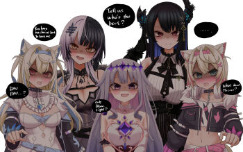 Rule 34 | animal ear fluff, animal ears, asymmetrical horns, black choker, black hair, blonde hair, blue hair, blush, breasts, chest jewel, choker, circlet, cleavage, coat, colored inner hair, detached collar, dog ears, dog girl, dog tail, dress, fur trim, fuwawa abyssgard, fuwawa abyssgard (1st costume), gem, grey hair, hair ornament, highres, holoadvent, hololive, hololive english, horns, koseki bijou, koseki bijou (1st costume), long hair, mococo abyssgard, mococo abyssgard (1st costume), multicolored hair, multiple girls, natsume mina, nerissa ravencroft, nerissa ravencroft (1st costume), open mouth, pink eyes, pink hair, purple eyes, purple gemstone, purple hair, shiori novella, shiori novella (1st costume), siblings, sisters, split-color hair, streaked hair, tail, twins, two-tone hair, uneven horns, virtual youtuber, white background, white dress, yandere, yellow eyes