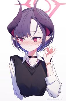 1girl absurdres alternate_costume alternate_hair_length alternate_hairstyle black_hair black_sweater_vest blakc_choker blue_archive blush chiaki_(blue_archive) collared_shirt commentary_request demon_horns hair_between_eyes halo hand_in_own_hair highres horns looking_to_the_side pointy_ears red_eyes red_halo s_panda_k shirt short_hair solo sweater_vest upper_body white_background white_shirt