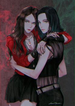 2girls aqua_hair arm_warmers avengers_(series) bare_shoulders belt black_dress black_hair black_nails black_pants black_tank_top breasts brown_hair cleavage closed_mouth collarbone commentary cowboy_shot dress earrings english_commentary fingernails from_side gem gradient_hair green_eyes green_nails grey_background grey_belt hug jacket jewelry juneseo lips long_hair looking_at_viewer magic marvel marvel medium_breasts multicolored_hair multiple_girls nail_polish necklace open_clothes open_jacket pants polaris_(x-men) red_gemstone red_jacket red_lips short_hair siblings signature simple_background sisters standing tank_top wanda_maximoff wavy_hair x-men yellow_eyes