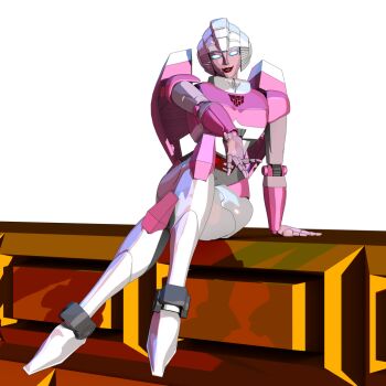 3d andypurro arcee autobot backpack bag blender_(medium) blue_eyes crossed_legs helmet humanoid_robot insignia looking_at_viewer panties pink_panties red_lips robot sitting transformers transformers:_generation_1 underwear