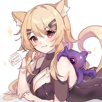 1girl animal animal_ear_fluff animal_ears bare_shoulders black_dress blush breasts brown_hair cleavage cleavage_cutout closed_mouth clothing_cutout dated dress hair_between_eyes hair_ornament hairclip hand_up kobutanori large_breasts long_hair looking_at_viewer lying octopus on_stomach red_eyes shoulder_cutout shyrei_faolan signature simple_background smile solo sparkle tail very_long_hair virtual_youtuber vyugen white_background