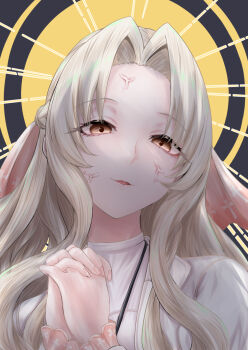 1girl :d anger_vein blonde_hair braid brown_eyes commentary_request curtained_hair evil_smile half_up_braid highres jiai_chiyu kimi_no_koto_ga_dai_dai_dai_dai_daisuki_na_100-nin_no_kanojo long_hair long_sleeves looking_at_viewer open_mouth own_hands_clasped own_hands_together parted_lips portrait shaded_face smile solo tomohiro_(tomohiro_r36aby) veil