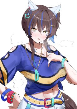 1girl absurdres animal_ears bead_bracelet beads belt blue_hair blue_shirt blush bracelet breasts brown_hair collarbone commentary daitaku_helios_(fun_fun_party_night)_(umamusume) daitaku_helios_(umamusume) ear_covers facial_tattoo fang hair_ornament hairclip highres horse_ears horse_girl horse_tail jewelry korean_commentary large_breasts long_hair looking_at_viewer midriff multicolored_hair navel necklace open_mouth practicerecord shirt shorts smile solo streaked_hair sweat tail tattoo tied_shirt umamusume white_shorts yellow_belt yellow_eyes