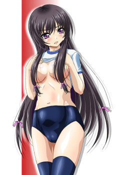 1girl black_hair blue_buruma blue_thighhighs blush boku_wa_tomodachi_ga_sukunai breasts buruma cameltoe clothes_lift comiket_87 cowboy_shot crying crying_with_eyes_open embarrassed gym_shirt gym_uniform hair_over_breasts hair_ribbon kimura_tsuyoshi lifting_own_clothes long_hair looking_at_viewer looking_to_the_side medium_breasts mikazuki_yozora navel parted_lips purple_eyes ribbon shirt shirt_lift short_sleeves solo tears thighhighs white_shirt