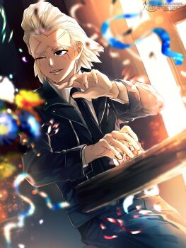 1boy absurdres black_eyes black_jacket black_necktie black_pants blurry blurry_foreground collared_shirt confetti dr._stone dutch_angle hair_slicked_back hashtag-only_commentary highres indoors jacket leather leather_jacket long_sleeves male_focus mitsuru_(aica_hikari) necktie one_eye_closed pants scar scar_across_eye scar_on_face shirt short_hair sitting smile solo white_hair white_shirt window xeno_(dr.stone)