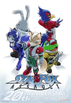 1girl 4boys animal_ears anniversary beak bird_boy bird_tail bird_wings blue_feathers blue_fur brown_fur commentary_request copyright_name dated falco_lombardi feather_fingers feathers fox_boy fox_ears fox_girl fox_mccloud fox_tail frog_boy grey_fur highres krystal looking_at_viewer looking_up multiple_boys nintendo peppy_hare rabbit_boy rabbit_ears rokuroku72 signature slippy_toad star_fox star_fox_assault tail v white_background wings