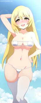 1girl :d absurdres alternate_costume arm_behind_head bikini blonde_hair blush breasts commentary eyepatch_bikini hand_on_own_hip highres large_breasts long_hair looking_at_viewer navel open_mouth paid_reward_available patreon_username roswell_ss shokuhou_misaki smile solo sparkling_eyes swimsuit thigh_gap thighhighs toaru_kagaku_no_mental_out toaru_kagaku_no_railgun toaru_majutsu_no_index white_thighhighs yellow_eyes