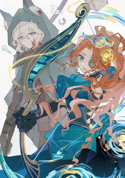1boy 1girl :d ? absurdres aiming animal_ear_hood black_choker black_gloves blood blood_in_hair blood_on_face blue_dress blue_eyes bow_(weapon) brynhildr_vilulf brynhildr_vilulf_(the_anachronic_vilulf) choker cloak cowboy_shot crossed_bangs dress elbow_gloves eyepatch fake_animal_ears furrowed_brow gloves green_cloak hair_between_eyes hair_intakes highres hood hood_up hooded_cloak identity_v ithaqua_(identity_v) loading_icon long_hair looking_ahead low_drills medium_hair no_mask open_mouth orange_hair ponytail puffy_sleeves smile too_many_drills wavy_hair weapon white_hair yue_(shemika98425261)
