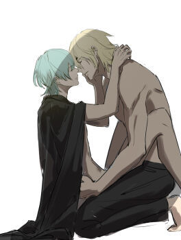2boys black_cape black_pants blonde_hair cape cha_(fvaw7353) closed_eyes commentary_request dimitri_alexandre_blaiddyd dimitri_alexandre_blaiddyd_(timeskip) feet_out_of_frame fire_emblem fire_emblem:_three_houses hair_behind_ear hand_on_another&#039;s_face hand_on_another&#039;s_hip highres imminent_kiss male_byleth_(awakened)_(fire_emblem) male_byleth_(fire_emblem) male_focus medium_hair multiple_boys nintendo pants parted_lips profile simple_background smile topless_male white_background yaoi