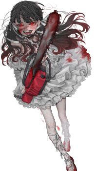 Rule 34 | 1girl, :d, absurdres, ankle lace-up, baio rin, black hair, blood, blood on clothes, blood on face, bloody clothes, bloody dress, bloody footprints, blush, braid, chainsaw, commentary, dr.k (doctorkodok), dress, frilled dress, frills, full body, gradient hair, hair ribbon, highres, holding, holding chainsaw, kimi no koto ga dai dai dai dai daisuki na 100-nin no kanojo, long hair, looking at viewer, multicolored hair, open mouth, pantyhose, red eyes, red hair, ribbon, sharp teeth, shoes, simple background, slit pupils, smile, solo, teeth, white background, white dress, white pantyhose, white ribbon, white shoes