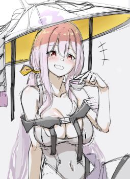 1girl alcohol armor bare_shoulders blush breasts choko_(cup) collarbone cup drinking goddess_of_victory:_nikke grey_hair grin hat highres japanese_armor jingasa large_breasts large_hat leotard long_hair looking_at_viewer minorun9 red_eyes scarlet_(nikke) shoulder_armor simple_background sketch smile sode solo white_background white_leotard