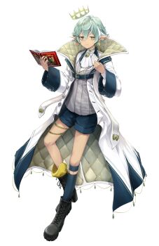 1boy absurdres ascot black_boots black_nails blue_shorts blue_socks book boots borrowed_character buttons clenched_hand closed_mouth coat colored_eyelashes commission crossed_bangs crown double-parted_bangs earrings expressionless faruhan floating_crown full_body green_hair grey_sweater_vest hair_between_eyes hands_up heterochromia highres holding holding_book jewelry jitome long_sleeves looking_at_viewer male_focus mismatched_earrings mole mole_under_eye multicolored_hair multiple_moles nail_polish open_book open_clothes open_coat original padded_coat pointy_ears red_eyes ringed_eyes second-party_source short_hair shorts simple_background socks solo standing standing_on_one_leg streaked_hair sweater_guard sweater_vest tachi-e transparent_background two-sided_coat two-sided_fabric white_ascot white_coat white_hair yellow_eyes