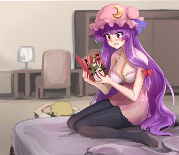 Rule 34 | 2girls, alternate costume, black pantyhose, blonde hair, blush, book, bow, breasts, character print, cleavage, clothes lift, collarbone, commentary request, commission, crescent, crescent hat ornament, dress, embarrassed, hair bow, hat, hat ornament, highres, holding, holding book, hong meiling, indoors, kirisame marisa, large breasts, lifting own clothes, long hair, lying, mob cap, multiple girls, namiki (remiter00), no panties, on bed, on stomach, open book, open mouth, pantyhose, patchouli knowledge, pink dress, pink hat, pixiv commission, purple eyes, purple hair, reading, red bow, sitting, skirt, skirt lift, touhou, translation request, very long hair, wariza