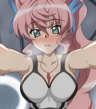 1girl a_k_g_e_0325 absurdres between_breasts blush breasts butterfly_hair_ornament collarbone embarrassed hair_ornament hair_wings highres jewelry large_breasts long_hair looking_at_viewer maria_cadenzavna_eve open_mouth pendant pink_hair pov senki_zesshou_symphogear sidelocks sleeveless solo sportswear sweatdrop